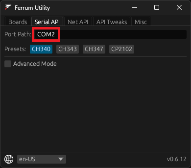 Serial API tab showing COM port