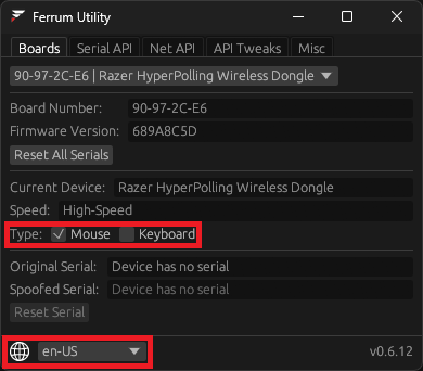 Device type selection and language settings