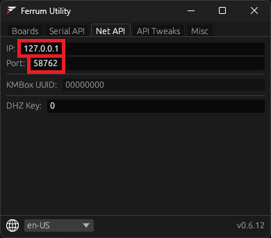Net API tab showing IP and port